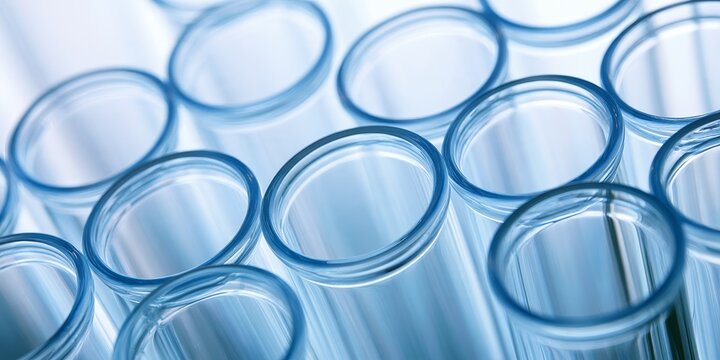 Array of transparent blue plastic test tubes arranged in cluster on white background for scientific research or laboratory analysis