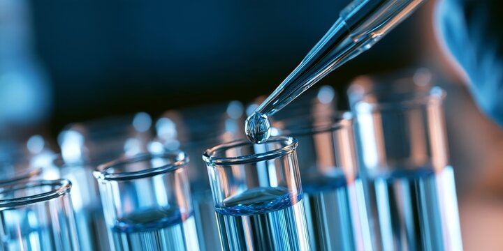 Scientific laboratory scene with pipette dropping blue liquid into test tubes for research, chemistry experiments, and laboratory analysis