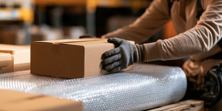 Worker Handling Cardboard Box with Bubble Wrap in Warehouse, Warehouse Logistics, Packaging Process, Freight Shipping, Industrial Work Environment, Man in Gloves