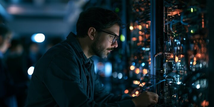 Data Center Technician Installing Hardware in Server Rack with Network Equipment in Modern Data Center Facility
