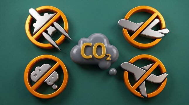 Icons of airplanes with prohibition signs surrounding a CO2 cloud symbol to represent aviation emissions and environmental impact
