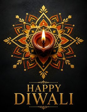 Happy diwali greeting with burning diya oil lamp on colorful rangoli background