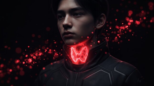 3D medical illustration of a young man showcasing glowing thyroid gland, neck inflammation and glowing red particles, concept for thyroid disease diagnosis and endocrinology research