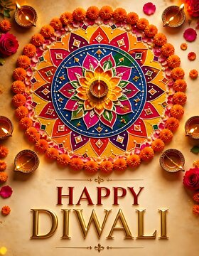 Happy diwali festive flatlay with intricate rangoli mandala and glowing diyas