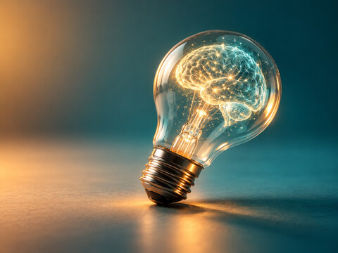 AI generated luminous digital brain inside transparent light bulb glowing neural connections warm teal lighting symbolizing artificial intelligence creativity innovation ideas