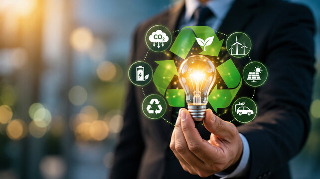 AI generated businessman holding glowing light bulb recycling arrows renewable energy icons for solar power wind turbines electric vehicles carbon reduction sustainability
