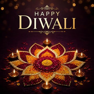 Happy diwali festival background with intricate floral rangoli and lit diyas
