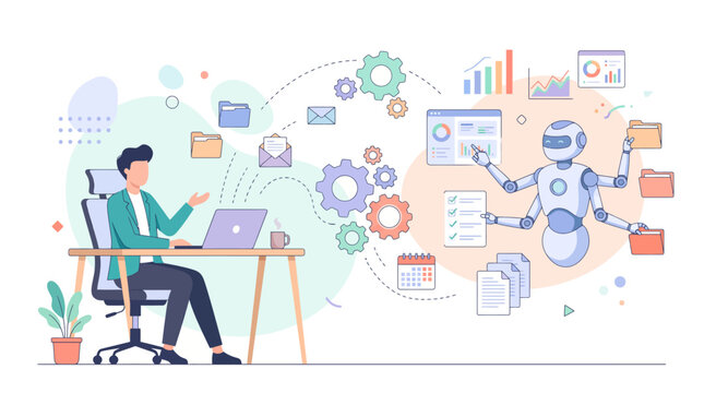 AI automation and machine learning concept with businessman working on laptop and robot assistant