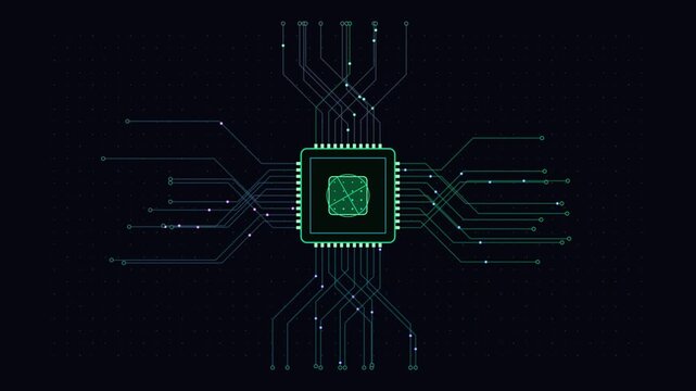 Advanced microchip hardware graphic with glowing data paths cpu