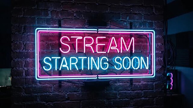 Neon sign stream starting soon glowing on dark brick wall