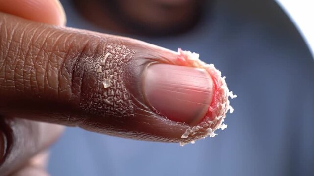 Dry finger skin flakes near nail in closeup, showing rough cuticle and peeling texture. Small hand movement keeps focus on irritated skin detail against soft blue background, highlighting cracked