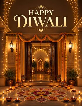 Happy diwali illuminated palace courtyard decorated with lights and flowers