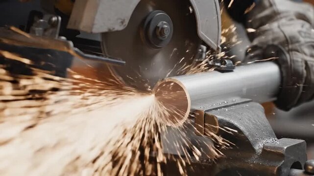 Metal pipe grinding throws bright sparks as cutting wheel shapes tube ends in workshop. Gloved hands steady material in vise while abrasive disc bites into steel and sends glowing fragments outward.