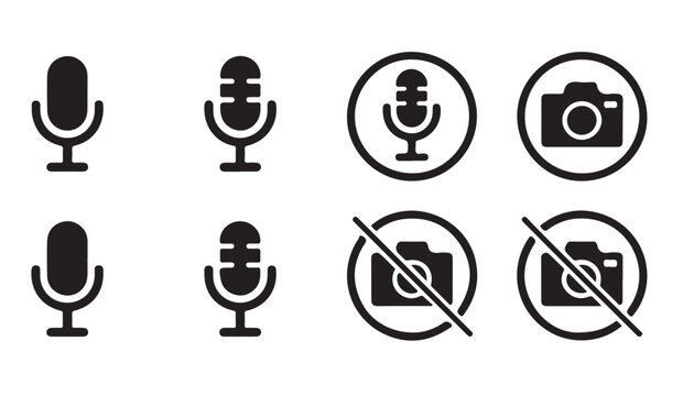 Microphone and camera prohibition signs in circles vector graphics for no recording zones.