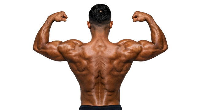 A muscular male bodybuilder viewed from behind, performing a rear double bicep pose against a clean white background, showcasing defined muscles, strength, and athletic discipline in a studio setting