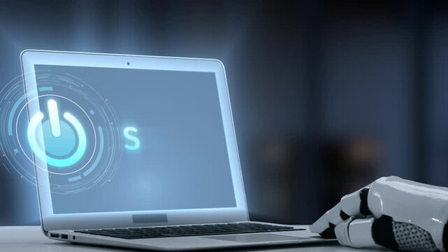 A modern laptop with a holographic start button displays the year 2026, highlighting the fusion of technology and innovation in a futuristic workspace setting. Salient