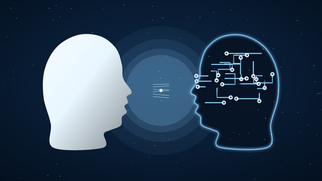 Human and artificial intelligence faces looking at each other closely.