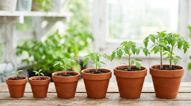 Several tomato seedlings grow in terracotta pots on a wooden surface. The plants vary in size, representing different stages of growth.