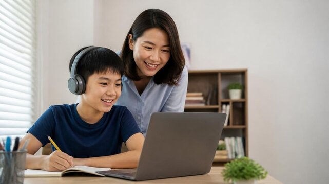 Asian Elementary School Student Using Laptop at Home with Parent Supervising, Online Learning Lifestyle, Natural Daylight, Copy Space