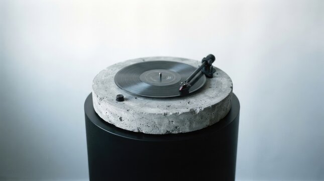 A turntable sits atop a concrete pillar. A vinyl record spins on the turntable, with the needle resting on the record's surface.