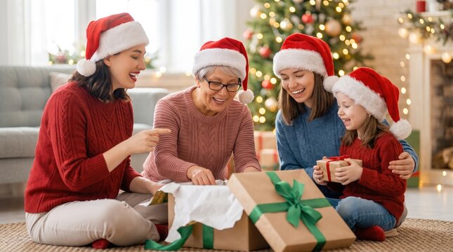 Family joyfully opening christmas presents together in a cozy and festive living room