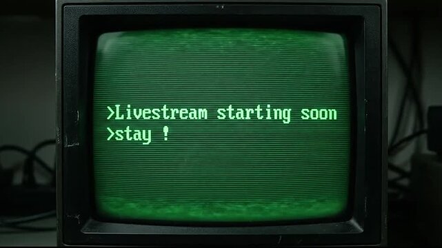 Vintage crt monitor displaying livestream starting soon with glitch