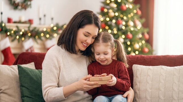 Mother and daughter enjoying a homemade gingerbread house during christmas time