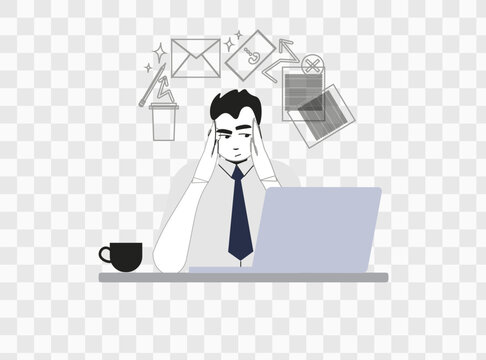 The image shows a person in a shirt and tie sitting at a desk with a laptop. Icons are positioned above them. The background is transparent with a checkerboard pattern, highlighting that this is an