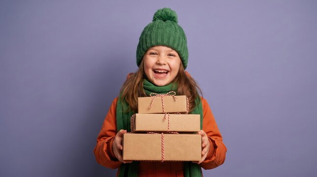 Joyful young girl with a stack of wrapped gifts against a lilac background