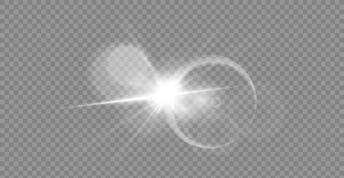 Vector transparent sunlight with lens flare effect. Overlays, light, Sun, sunrays, overlays, light transitions, lens flare, light leaks and glare in PNG format.