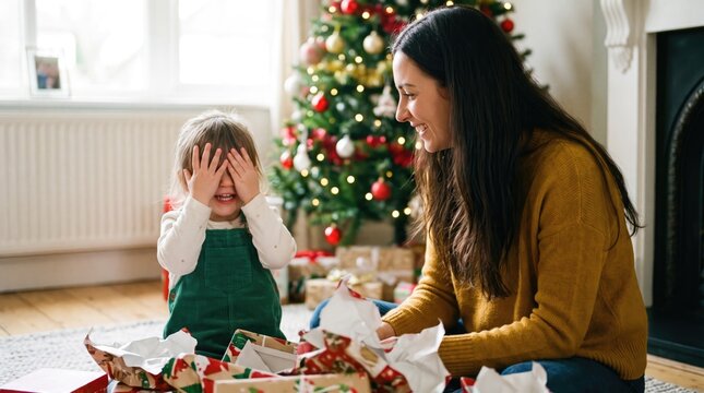 Mother and daughter exchanging gifts during a joyful christmas morning celebration at home