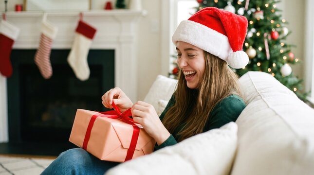 Joyful young woman opening a christmas gift with a decorated tree in the background