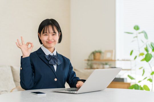 家のリビングでパソコンを使いながら笑顔でOKサインをする制服姿の女子高校生