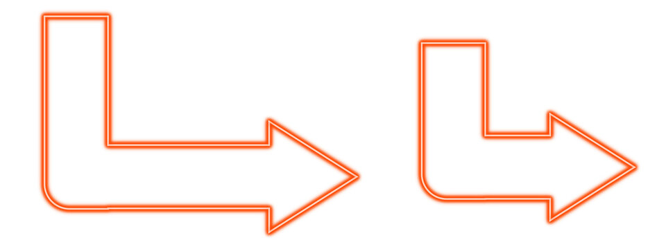 Orange arrow corner turn right neon light set object set elements isolated on white background