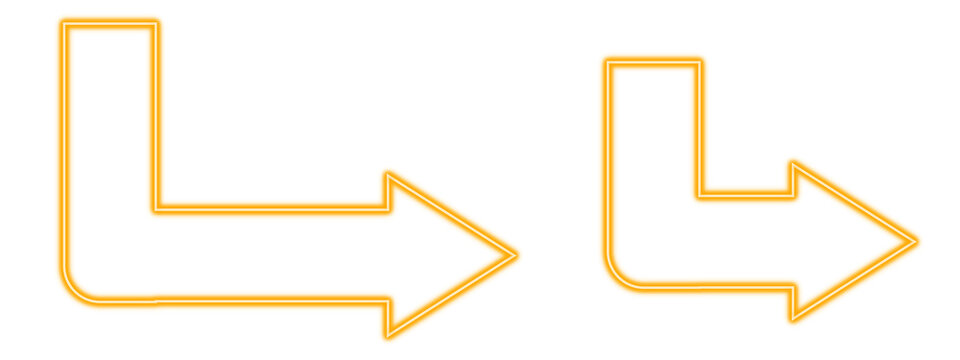 Yellow arrow corner turn right neon light set object set elements isolated on white background