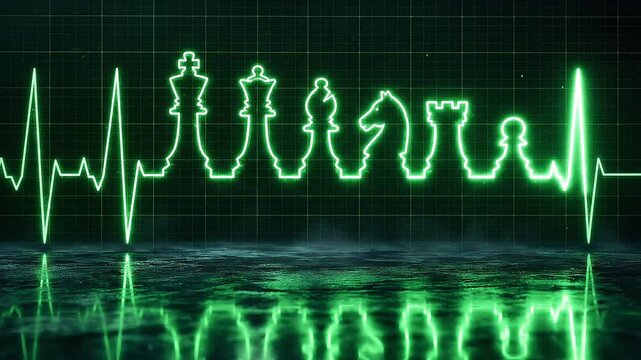 Glowing Green Chess Pieces and ECG Heartbeat Line on Digital Grid Background, Strategy and Competition Concept