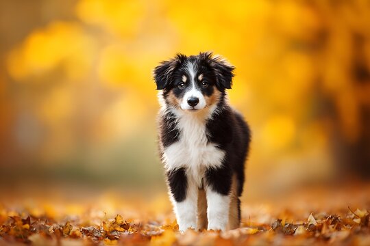 cute australian shepherd puppy standing on autumn leaves in the park