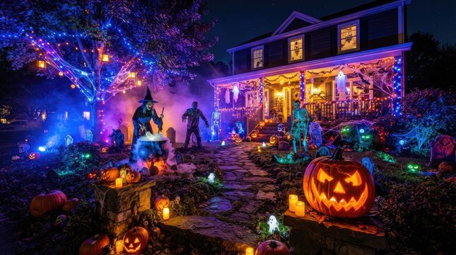 A spooky Halloween scene depicts a decorated house with elaborate outdoor lighting and decorations. A witch and several zombies stand among pumpkins, cauldrons, and other Halloween props.