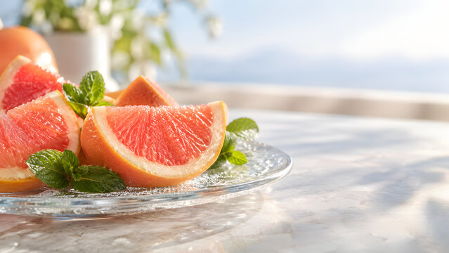 Pink Grapefruit Wedges with Mint on Glass Plate