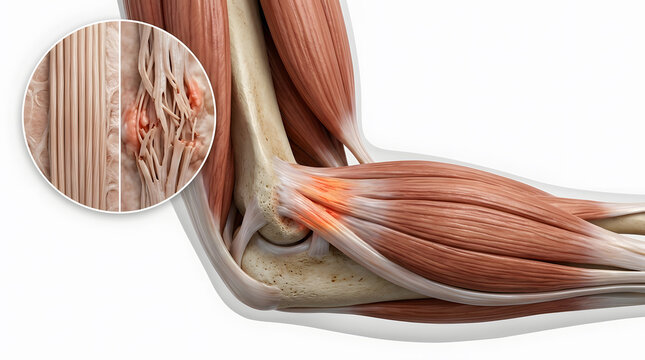 Medical illustration of human elbow joint showing tendon inflammation and muscle anatomy for healthcare