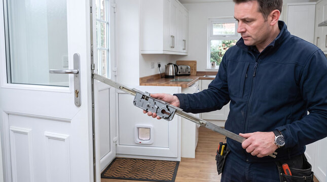Professional locksmith replacing a multipoint lock mechanism on a UPVC door