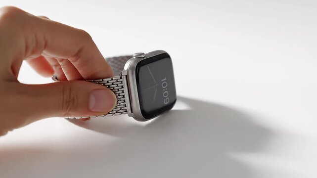 Silver smartwatch with metal link bracelet on white background