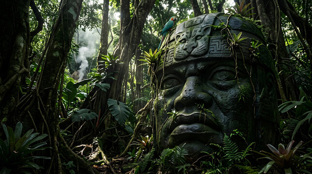 Ancient Olmec Stone Head Sculpture in a Lush Jungle, Monumental Carved Stone Statue, Pre-Columbian Mesoamerican Civilization, Archaeological Heritage, Tropical Rainforest and Ancient Culture