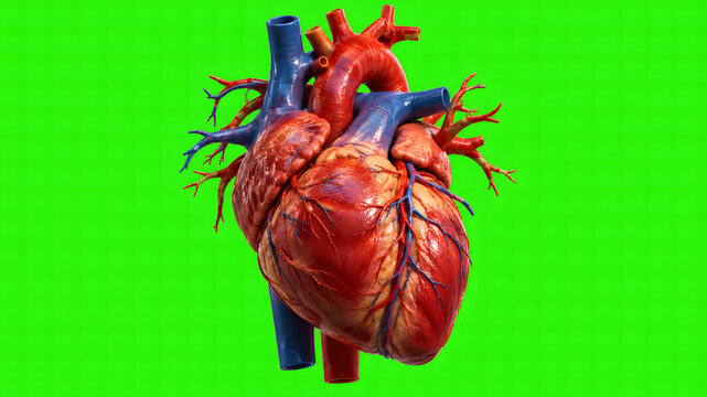Realistic Anatomical Human Heart on Green Screen, Detailed Beating Heart Organ, Medical Anatomy Visualization, Cardiovascular System, Healthcare Education