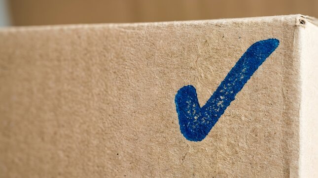 Blue check mark symbol stamped on a rough brown cardboard box surface