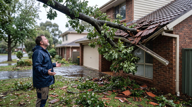 Disappointed homeowner inspecting fallen tree roof damage after a severe storm
