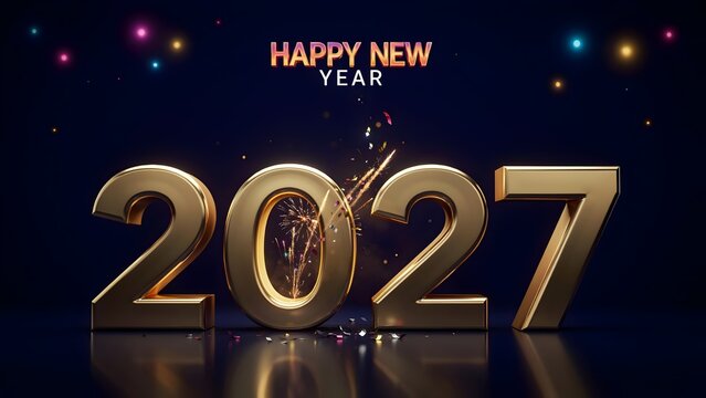 Happy new year 2027 gold numbers with fireworks on dark background