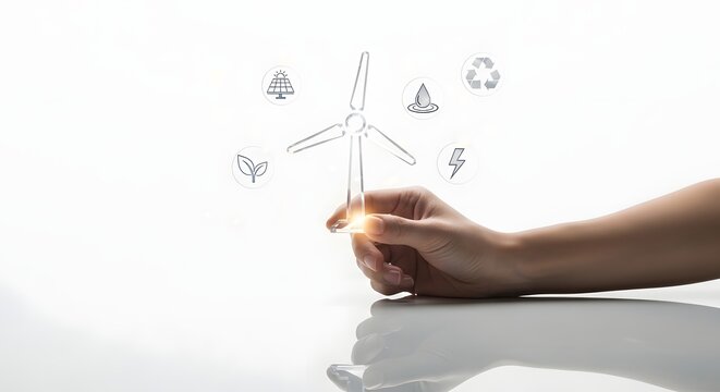 Hand holding a light bulb with wind turbine and green energy icons, concept of renewable energy and sustainability