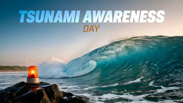 Tsunami awareness day with emergency beacon and large ocean wave