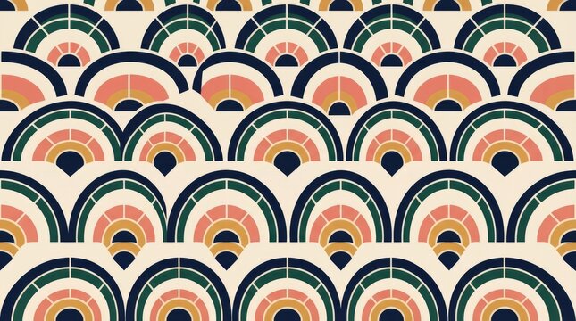 Seamless pattern featuring repeating semicircle arches in soft pastel tones of teal, peach, and yellow on a cream colored background surface
